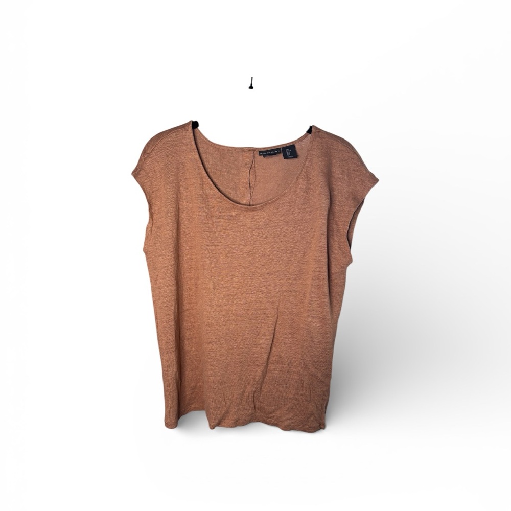 Tahari 100% Linen Brown Button Back Round Neck Top Size L